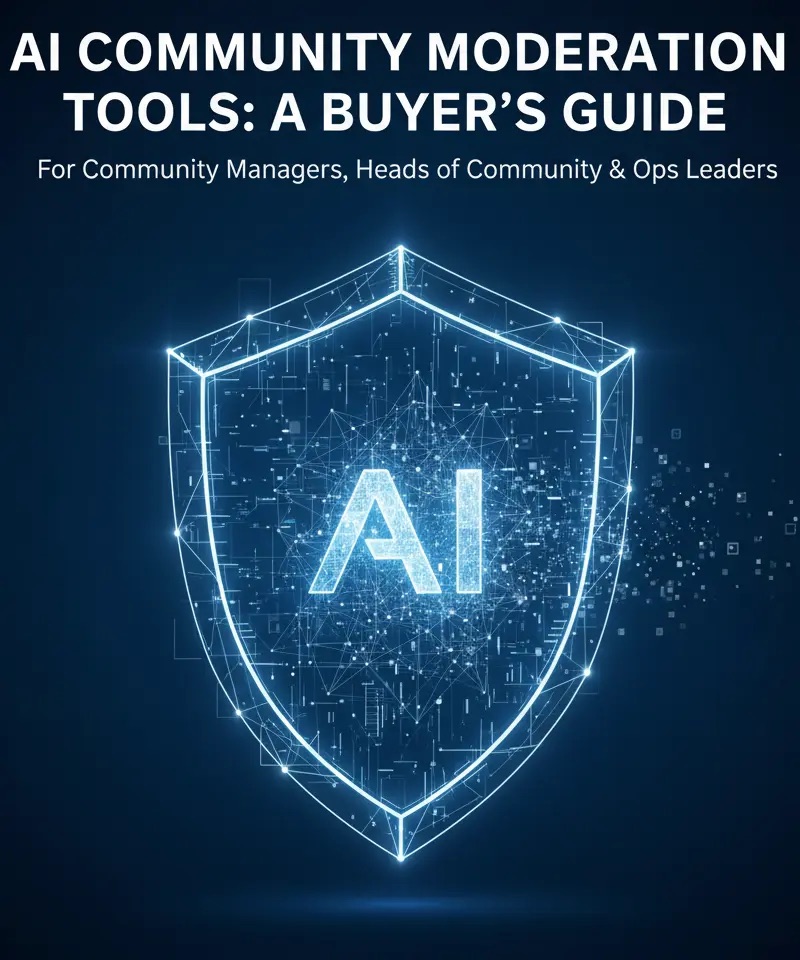 Community manager reviewing AI moderation tools on a laptop surrounded by chat bubbles and icons.