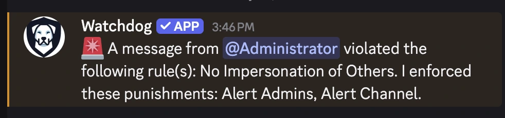 A Discord chat where Watchdog automatically blocks an admin impersonator.