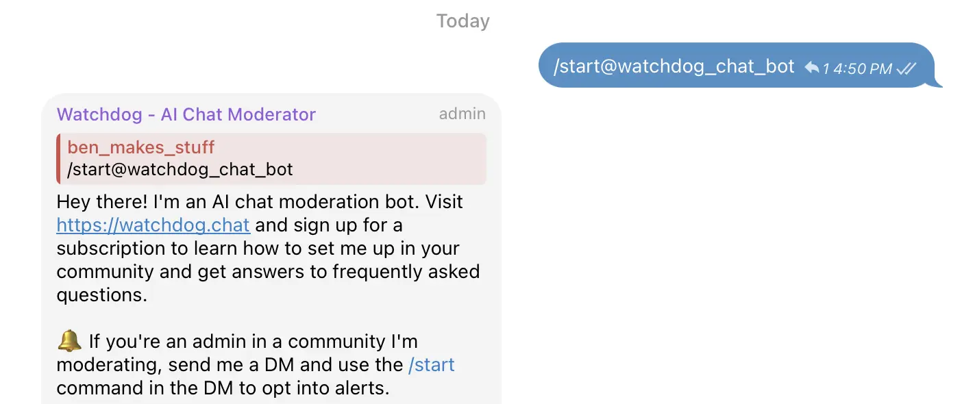 Screenshot showing a Telegram chat with the bot, demonstrating command responses in different programming languages