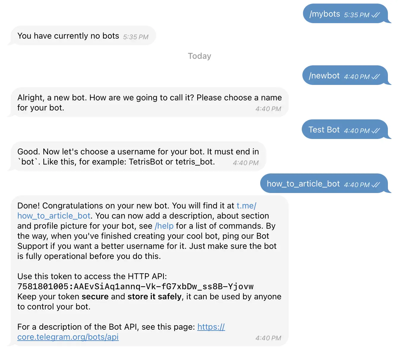 Screenshot of BotFather chat in Telegram, showing the process of creating a new bot