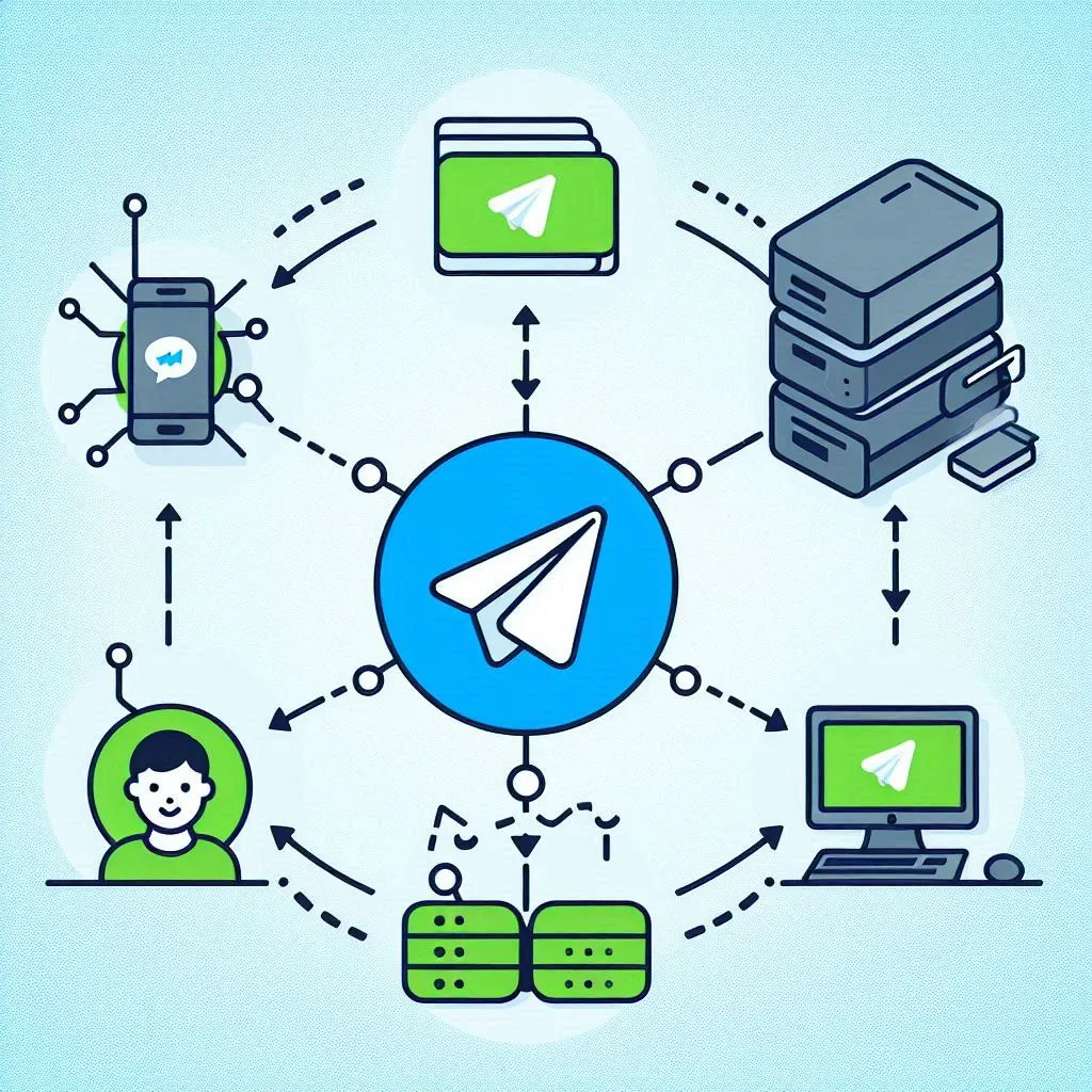 Diagram showing the interaction between a user, Telegram, and a bot server